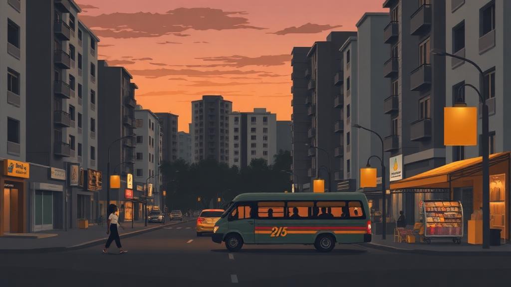 African city street at dusk with a shared minibus taxi and market stalls
