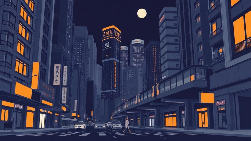 Dense Asia-Pacific city street at night with elevated commuter rail
