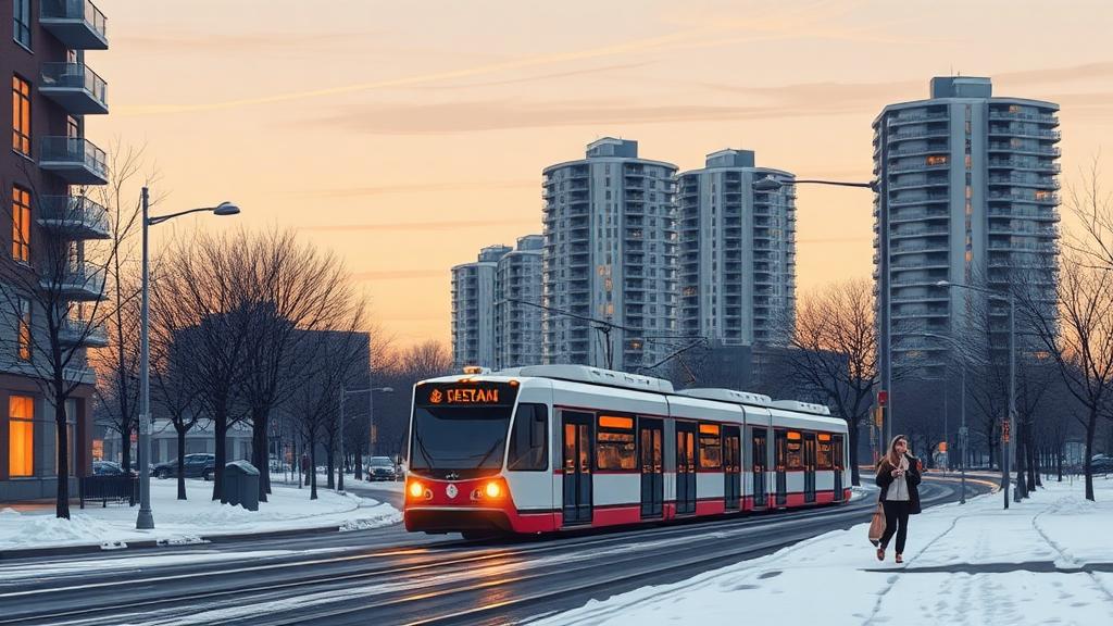 Snow-covered Canadian city street with a streetcar and condominium towers