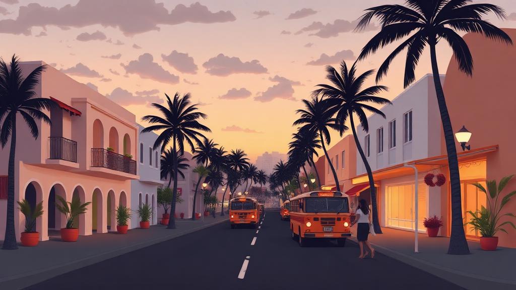 Caribbean coastal town street at dusk with palms and a shared minibus