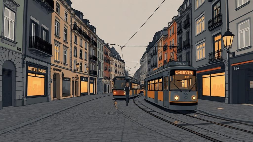 European old-town cobblestone street with a tram at night