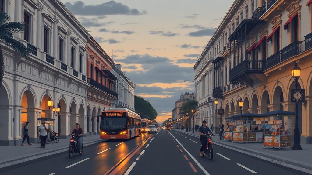 Latin American city avenue at dusk with a rapid-transit bus
