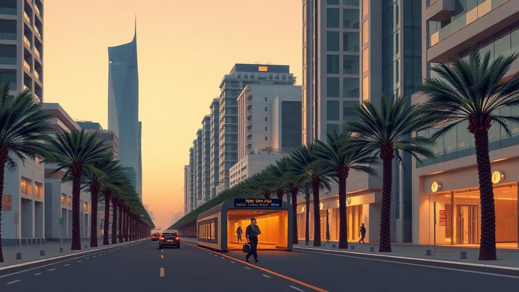Middle Eastern boulevard at dusk with towers and a metro shelter