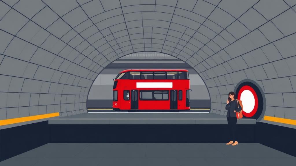 London Underground platform with a red double-decker bus above ground