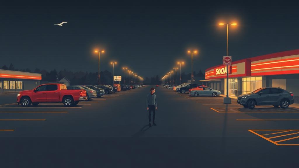 American strip-mall parking lot lit by sodium lights at night