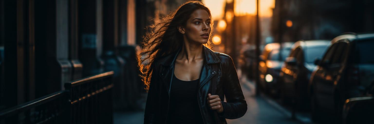 A woman walking confidently down a city street at dusk