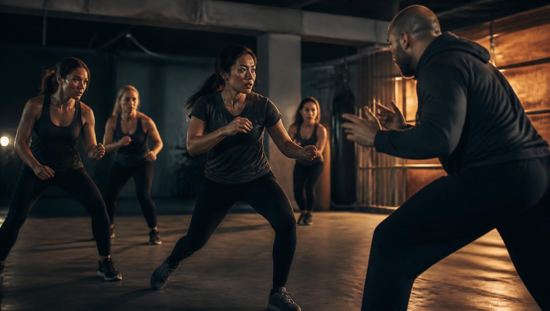 Women practising personal-safety movement with a coach in a training space